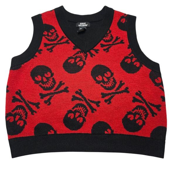 Social Collision Crop Sweater Vest Red Black SkulL Goth Hot Topic Y2k Medium - Picture 1 of 5